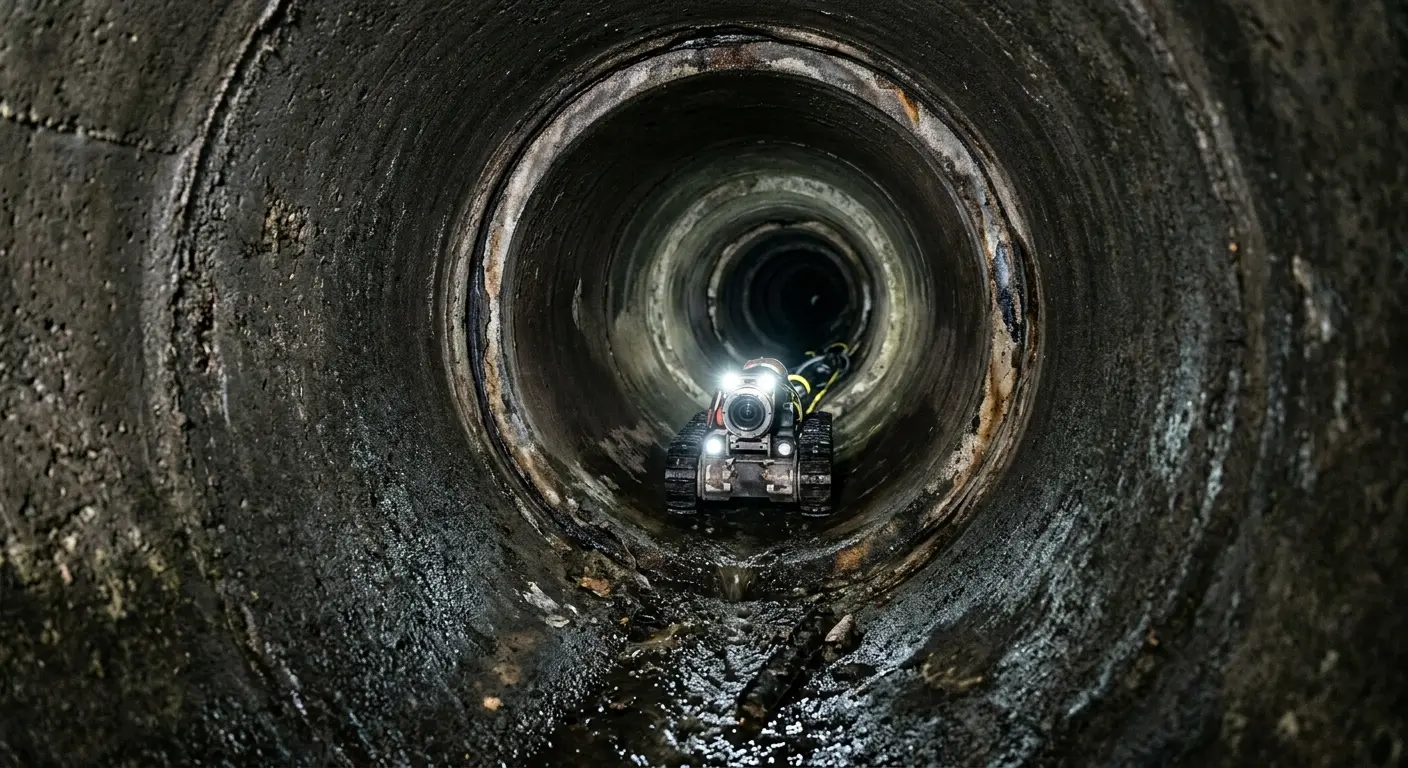 Robotic sewer camera inspecting pipe interior for Sewer Line Cleaning in Suffolk