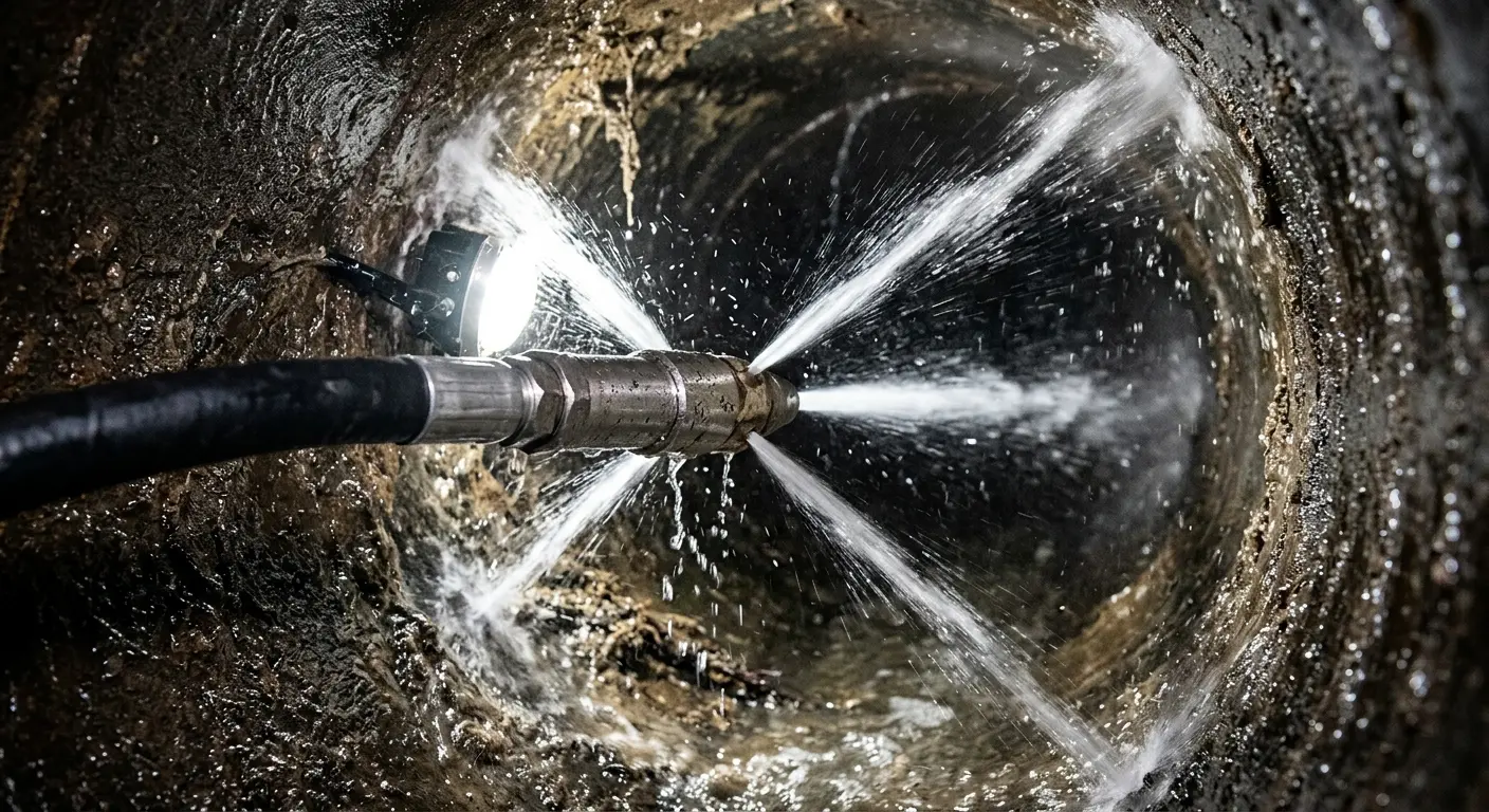 High-pressure hydro jetting nozzle cleaning sewer pipe for Storm Drain Cleaning in Suffolk