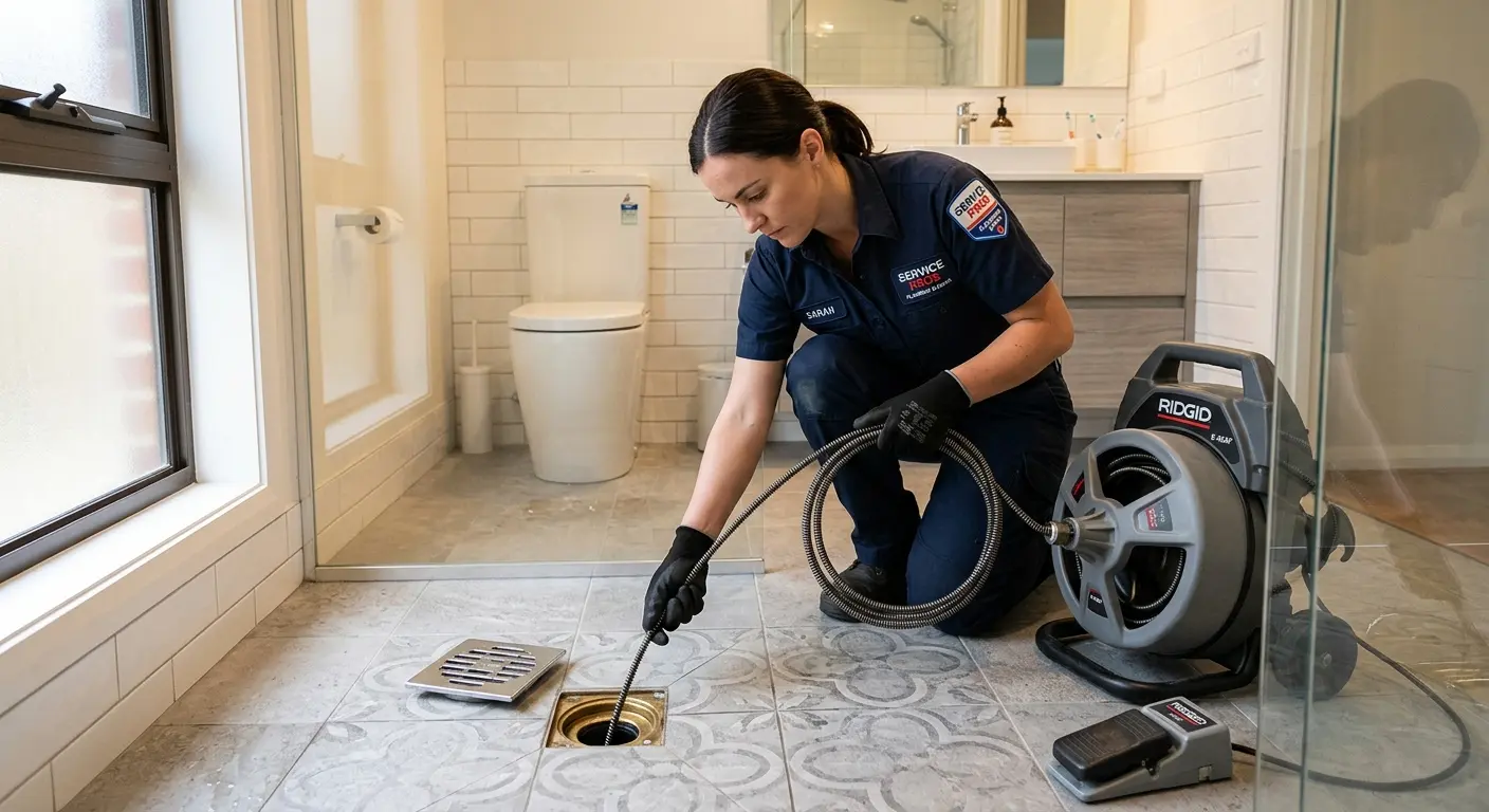 Technician clearing a bathroom floor drain for Clogged Drain Repair in Suffolk